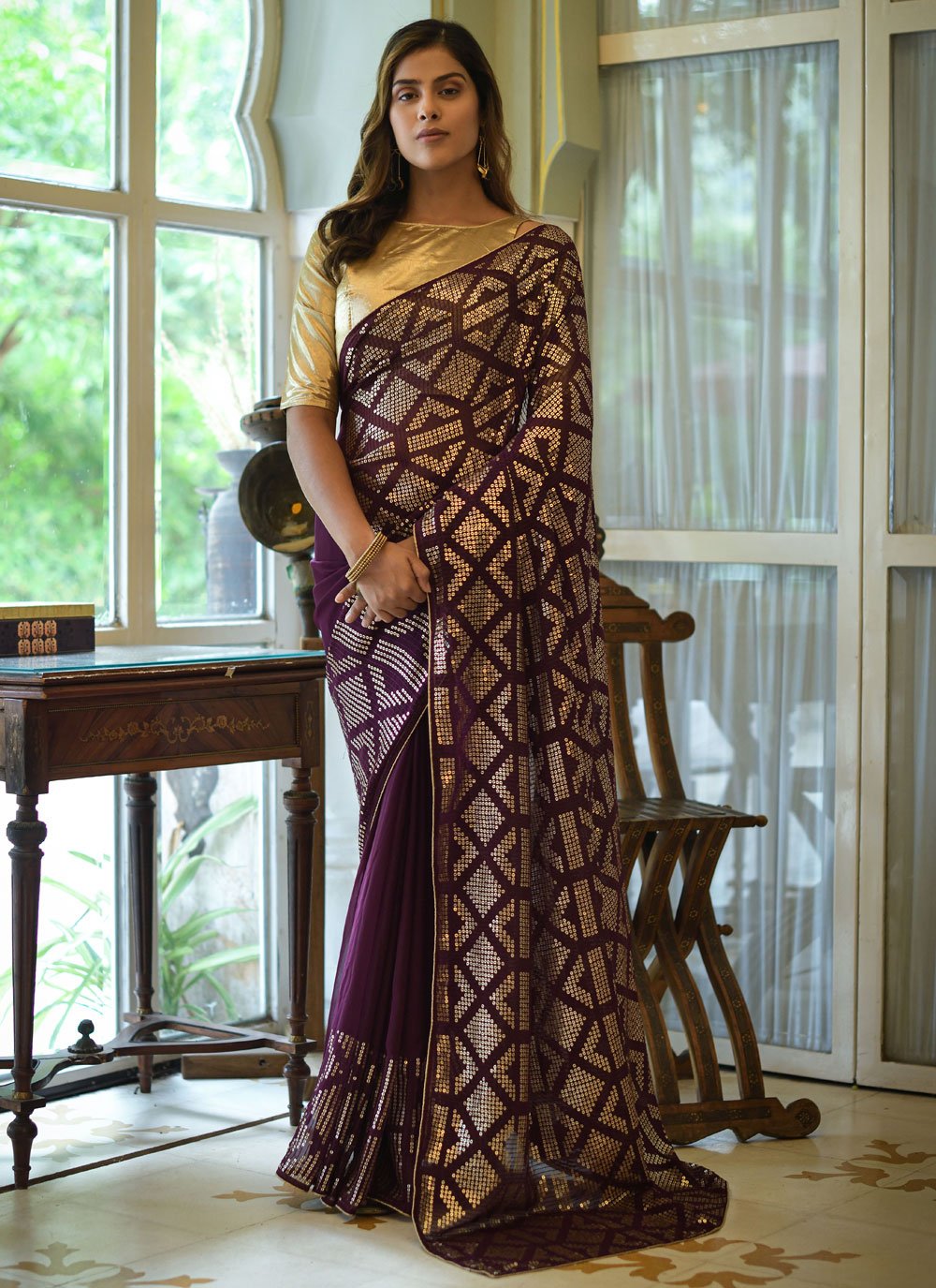 Classic Georgette Wine Embroidered Saree