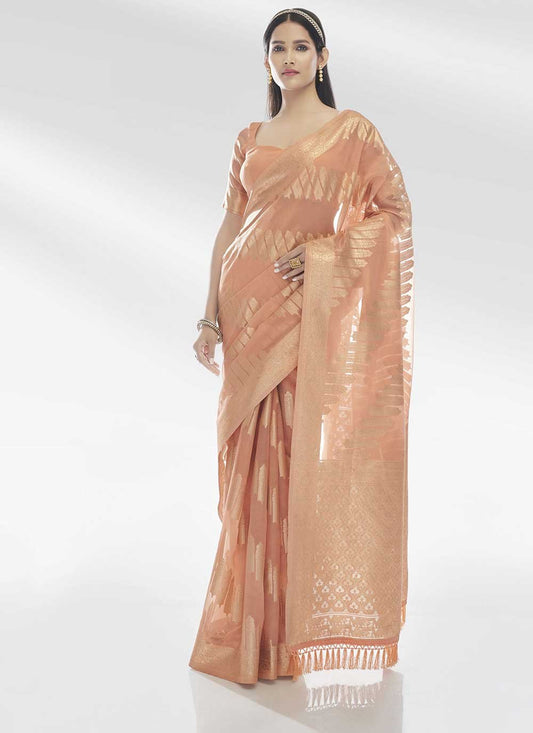 Classic Organza Peach Woven Saree