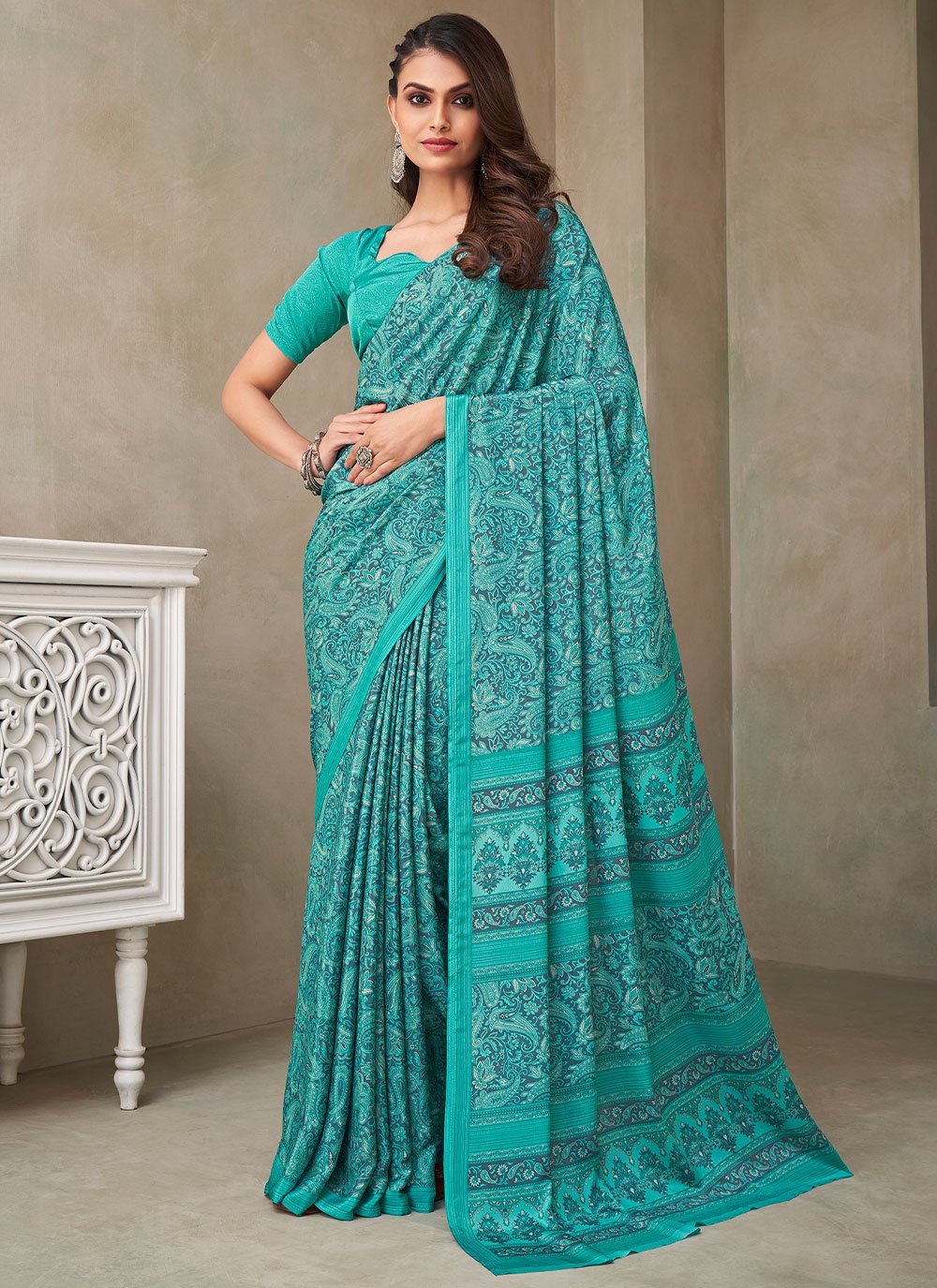 Classic Faux Crepe Silk Turquoise Print Saree