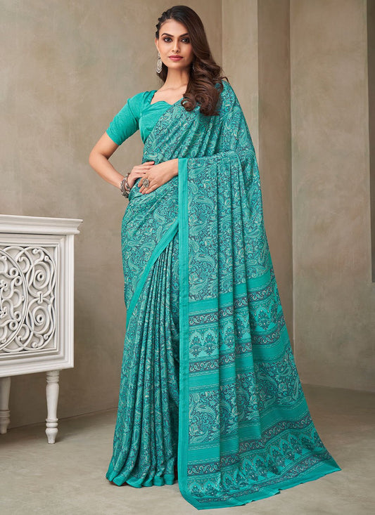 Classic Faux Crepe Silk Turquoise Print Saree