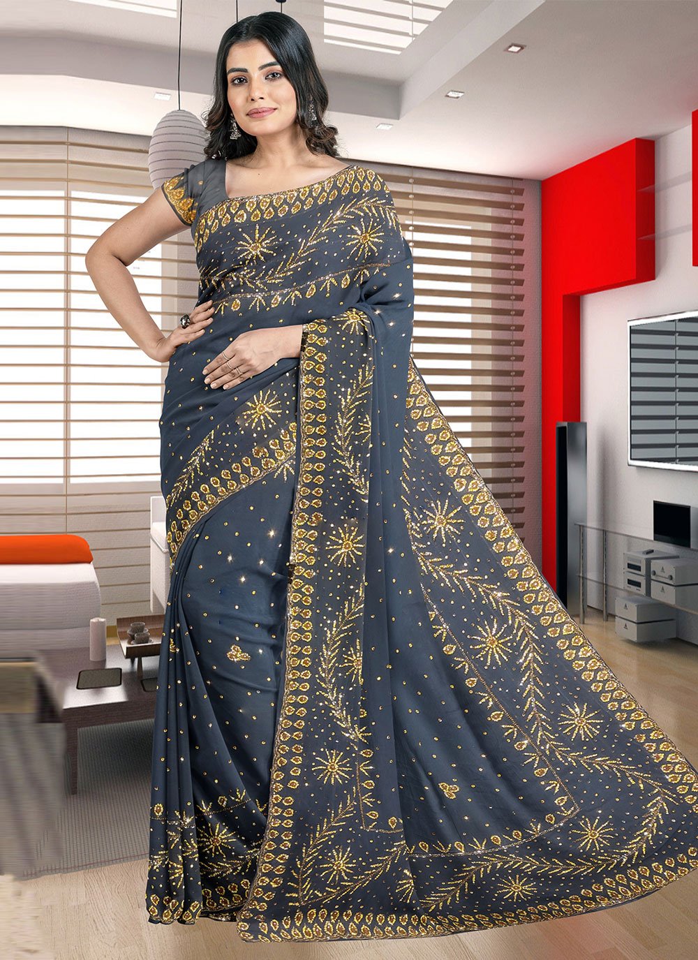 Classic Georgette Grey Hand Work Saree