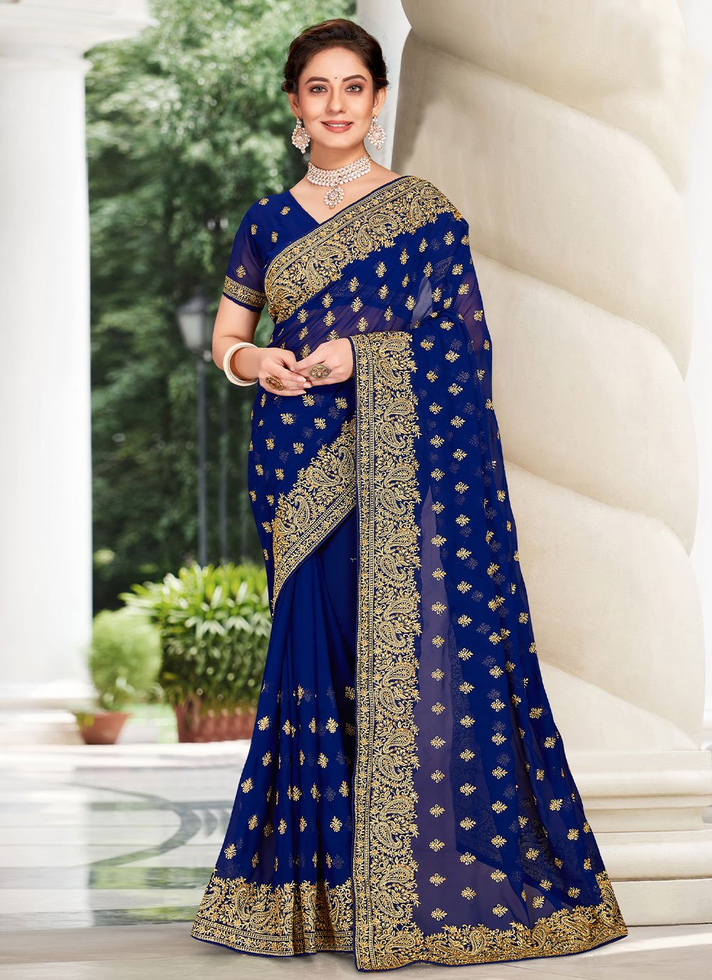 Classic Georgette Blue Embroidered Saree