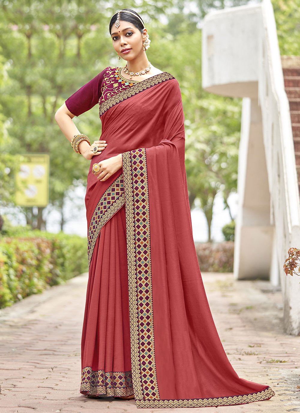 Classic Vichitra Silk Rust Jacquard Work Saree