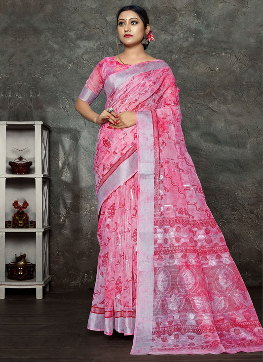 Classic Cotton Linen Pink Foil Print Saree