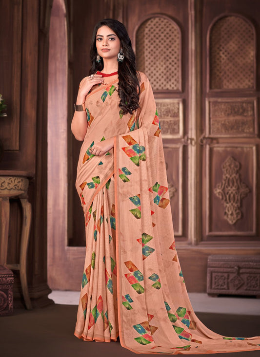 Classic Georgette Peach Print Saree