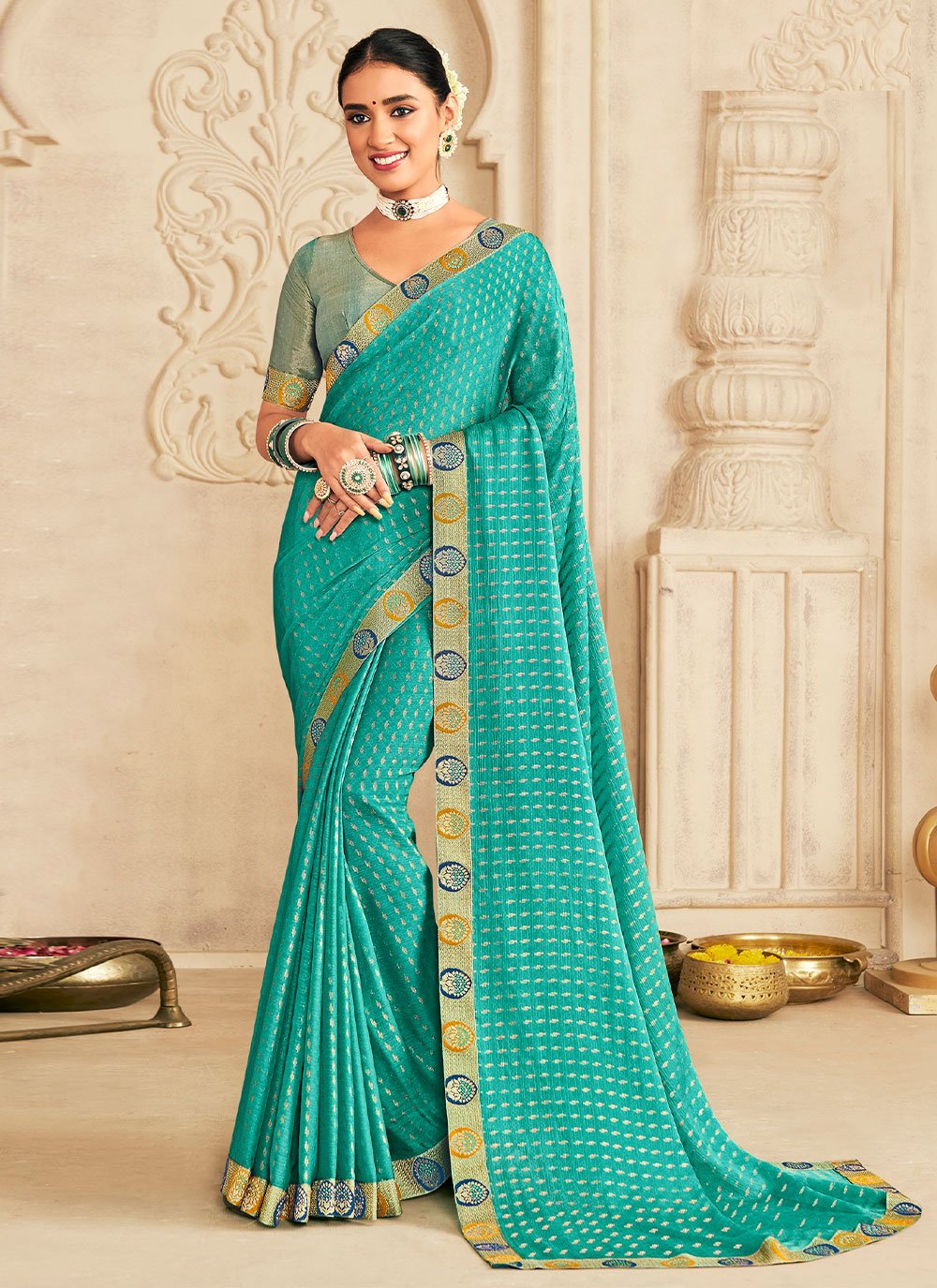 Classic Chiffon Silk Turquoise Foil Print Saree