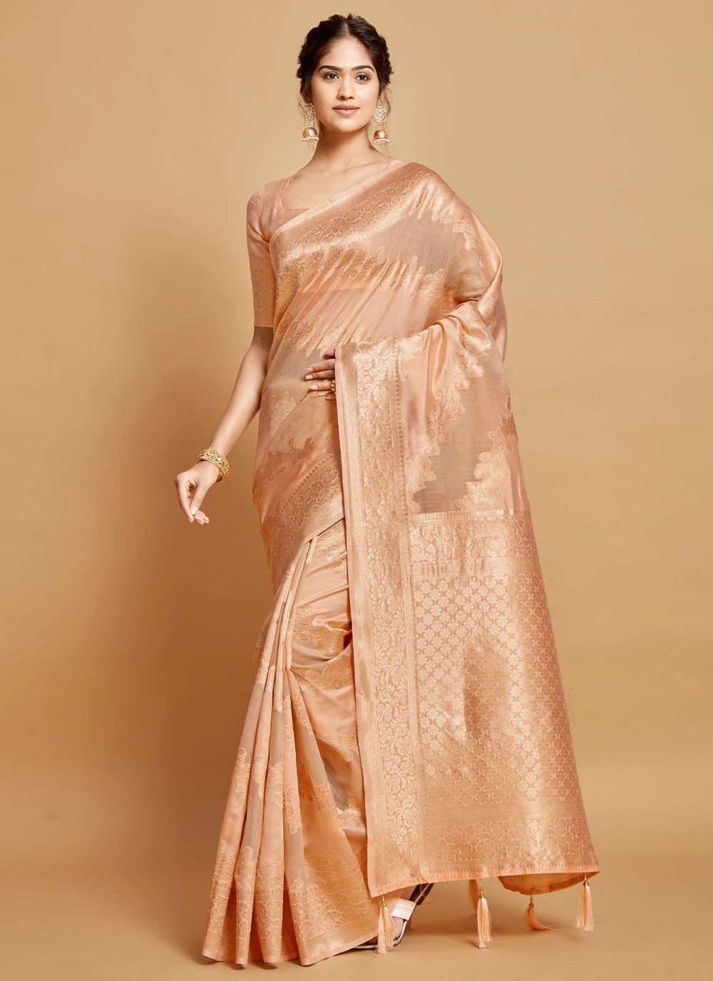 Classic Linen Peach Woven Saree