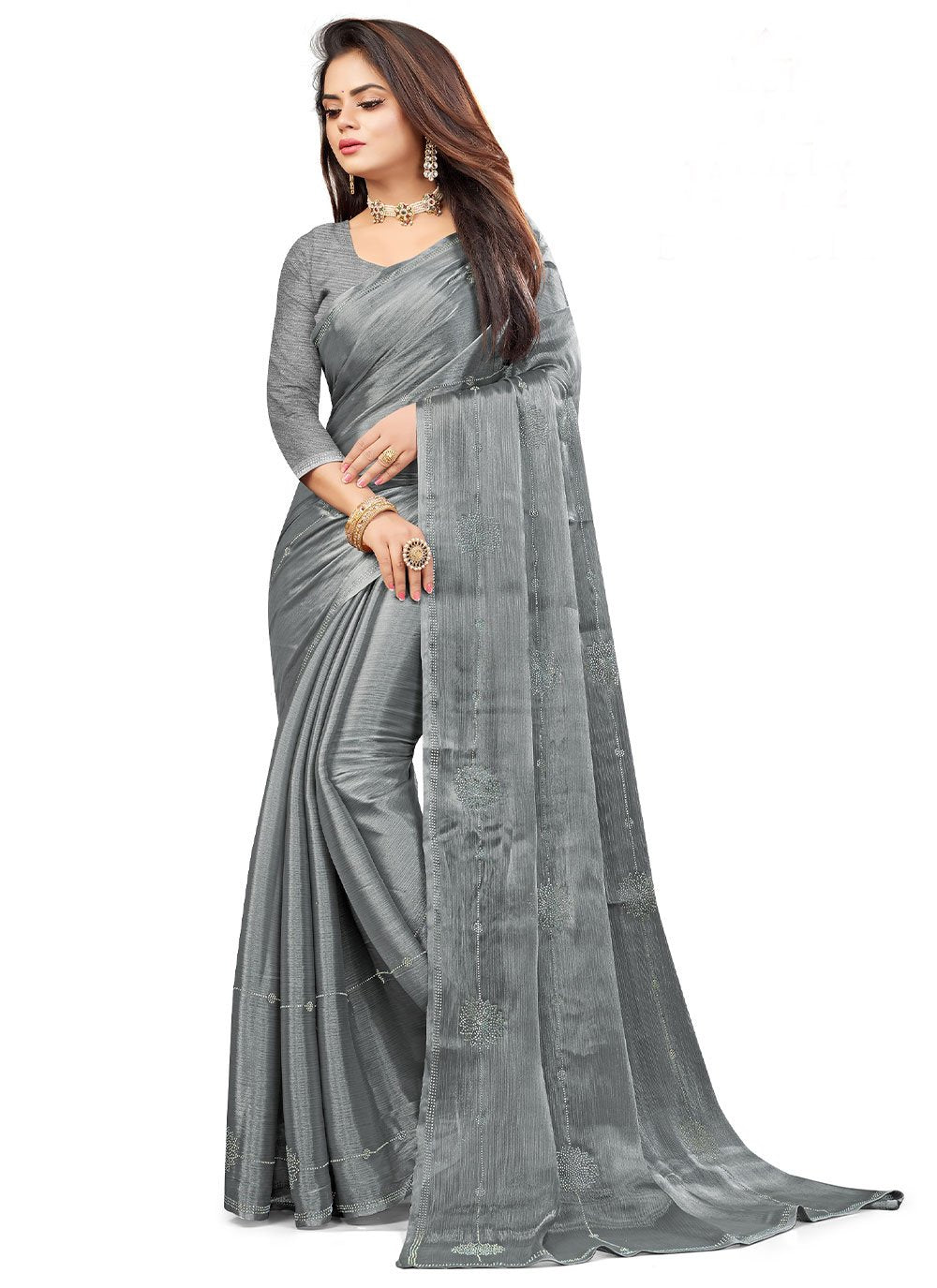 Classic Chiffon Grey Embroidered Saree