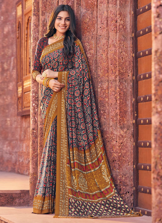 Classic Faux Crepe Multi Colour Print Saree