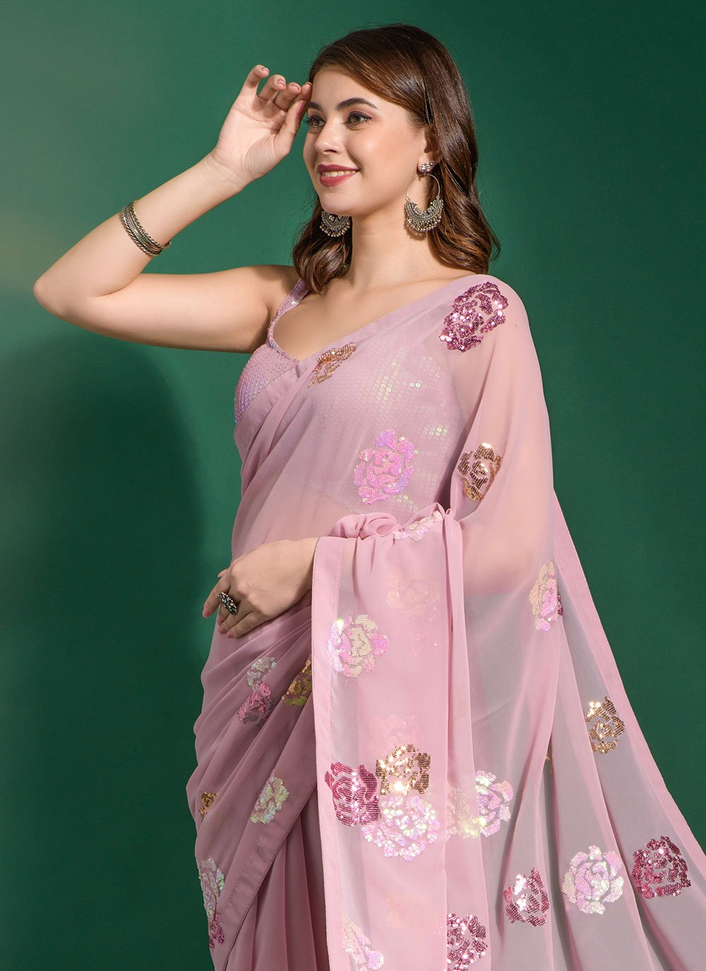 Classic Georgette Pink Embroidered Saree