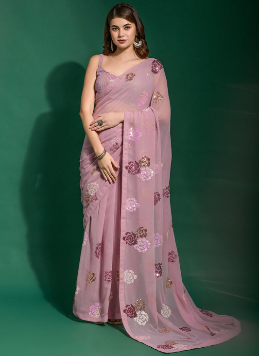 Classic Georgette Pink Embroidered Saree