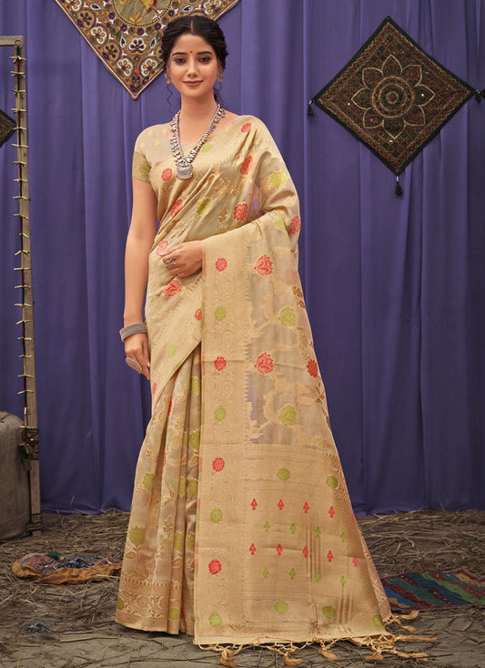 Classic Organza Beige Embroidered Saree