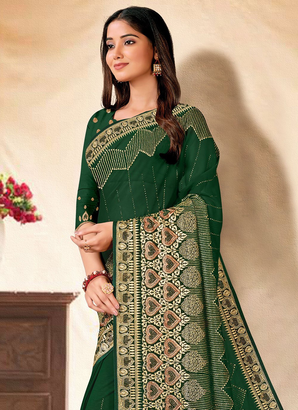 Classic Georgette Green Embroidered Saree