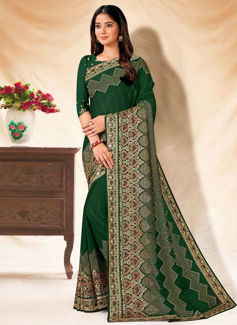 Classic Georgette Green Embroidered Saree