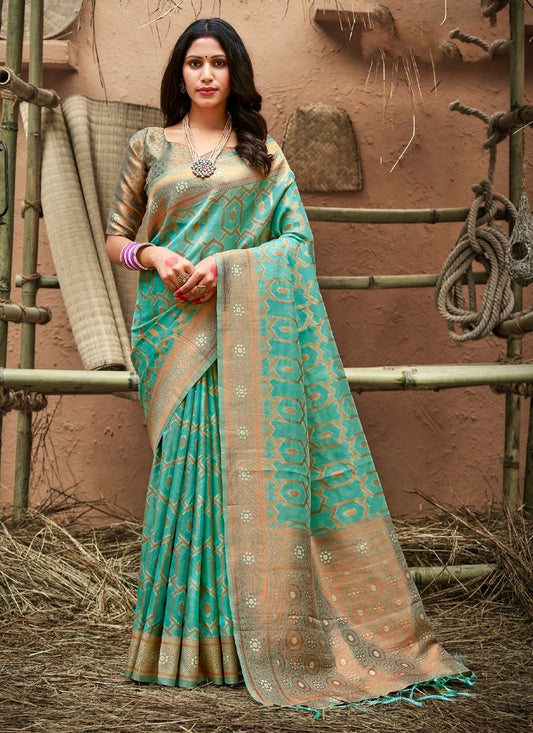 Classic Organza Firozi Weaving Saree