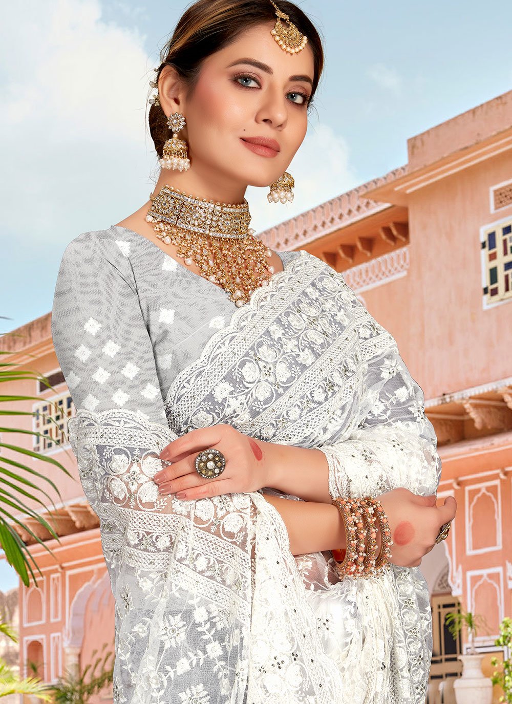 Classic Net White Embroidered Saree