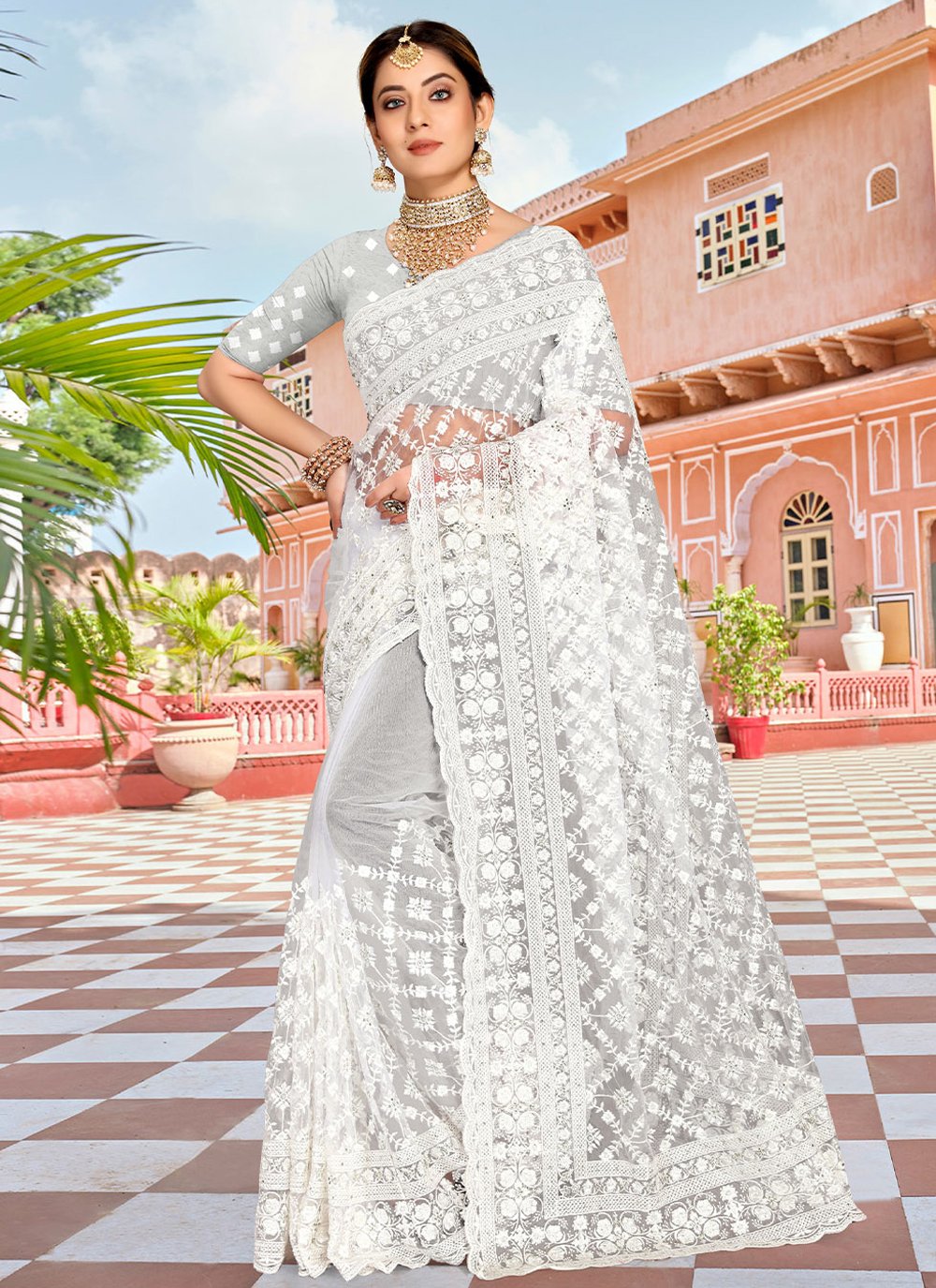 Classic Net White Embroidered Saree