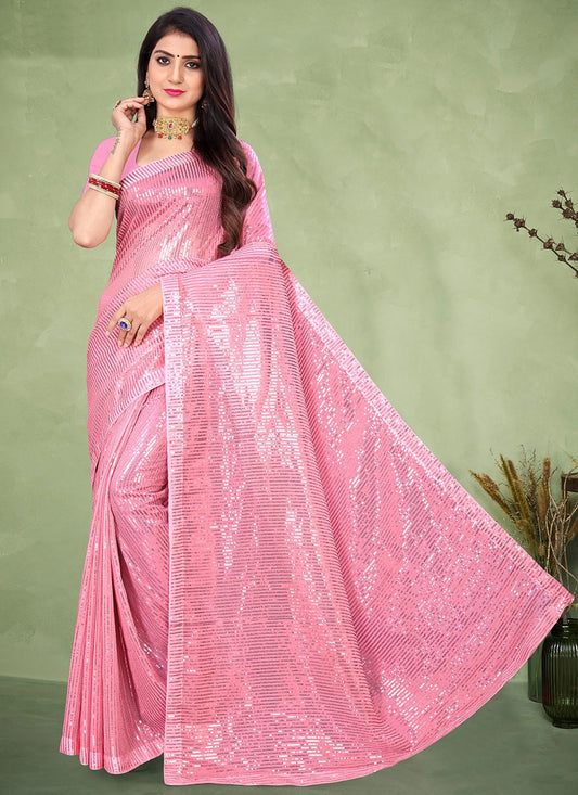 Classic Georgette Pink Sequins Saree