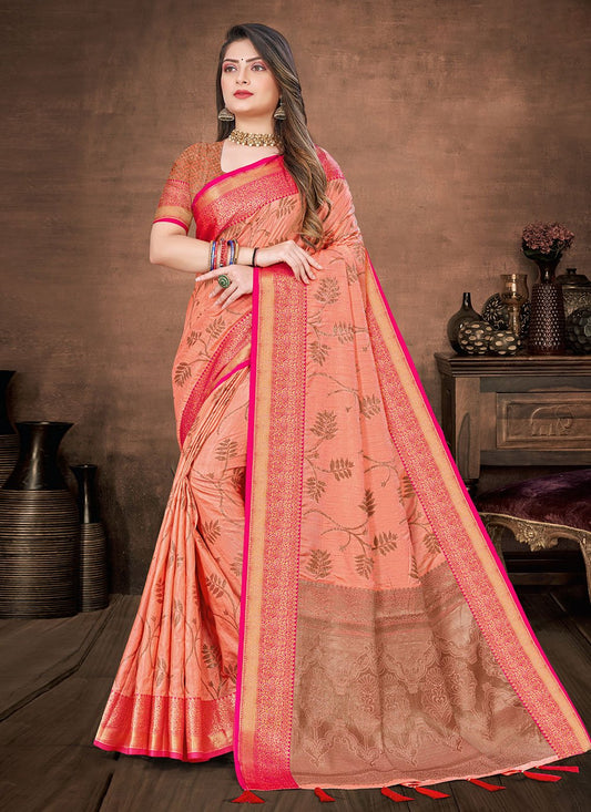 Classic Silk Peach Fancy Work Saree