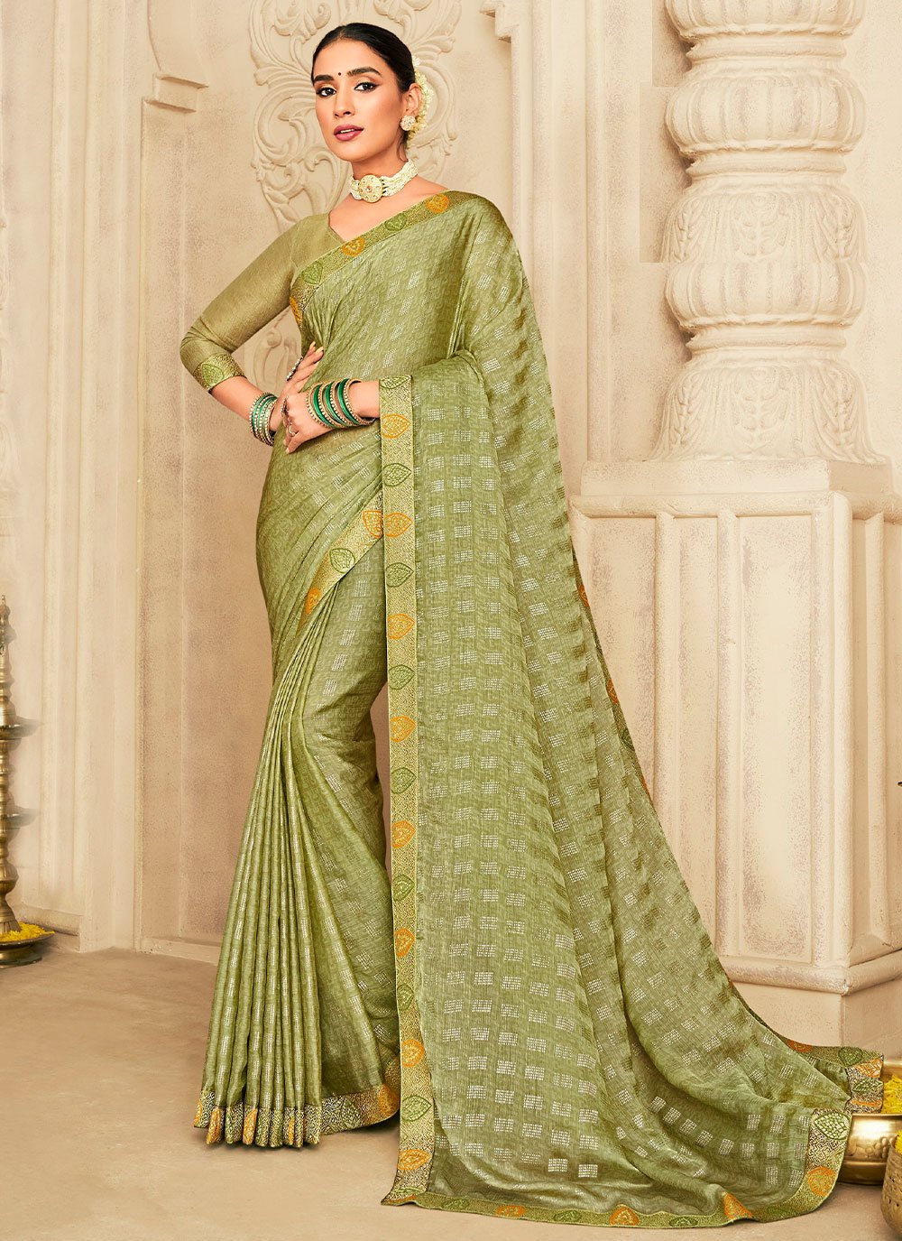 Classic Chiffon Silk Sea Green Foil Print Saree