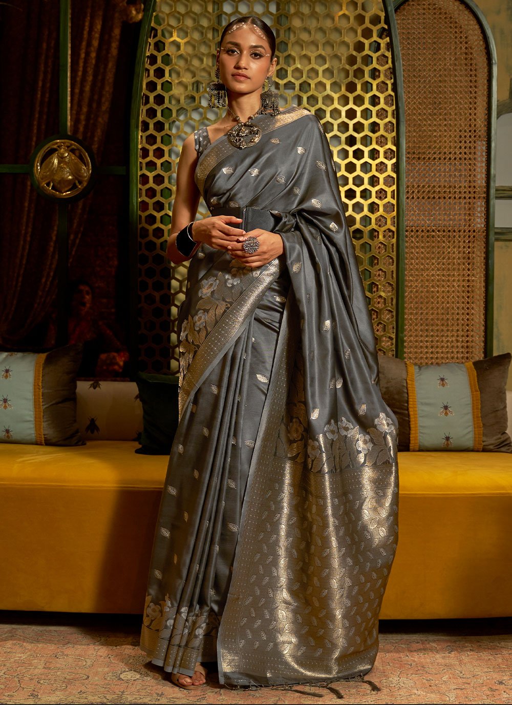 Classic Handloom Silk Satin Grey Weaving Saree