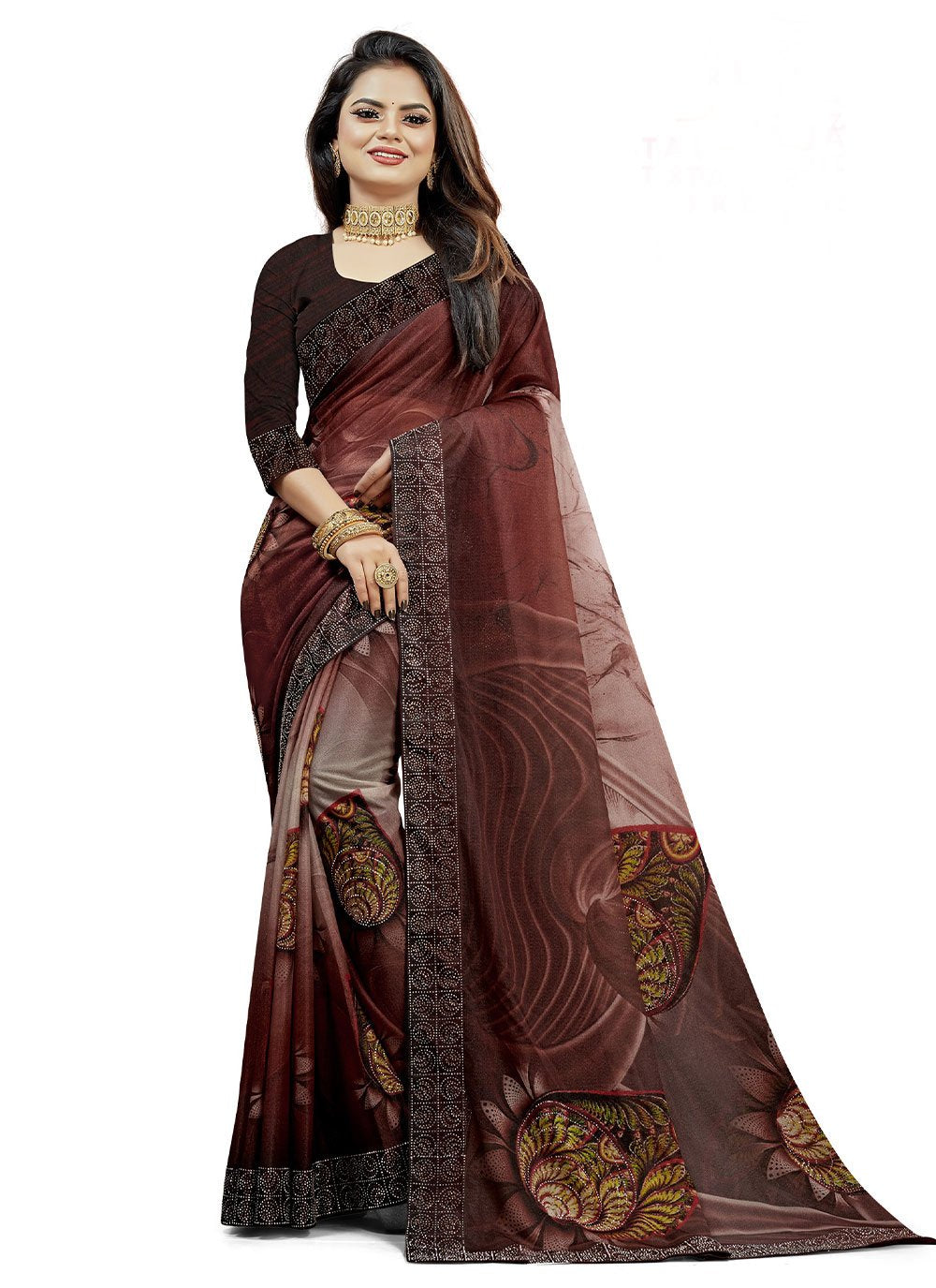 Classic Lycra Brown Digital Print Saree