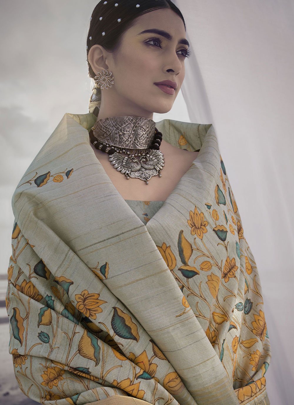 Classic Silk Grey Digital Print Saree