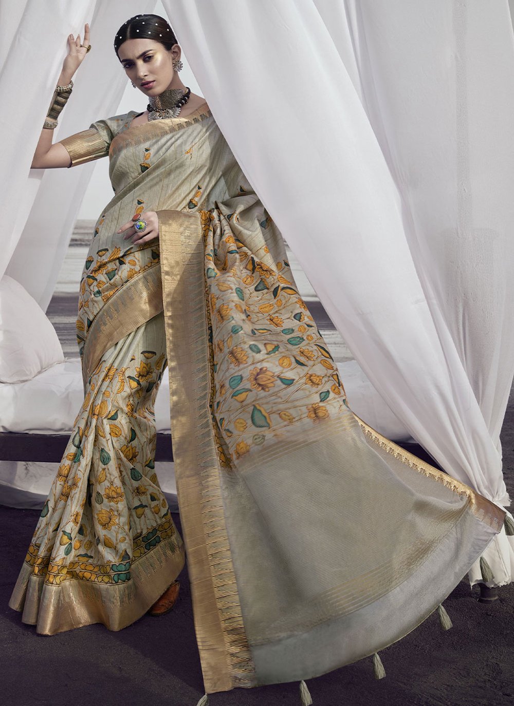 Classic Silk Grey Digital Print Saree