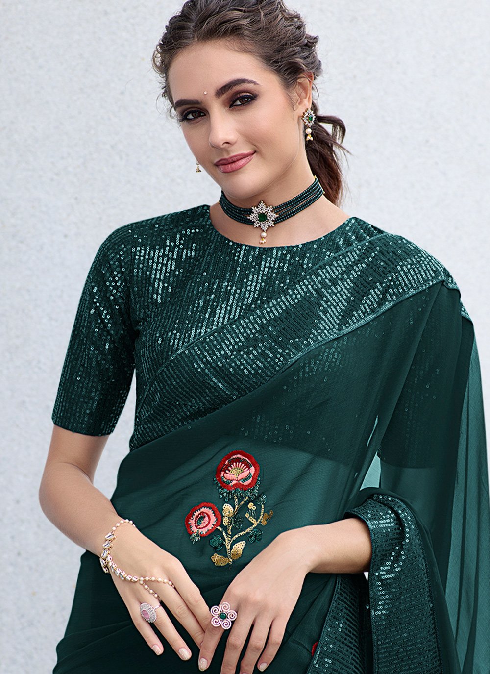 Classic Georgette Teal Embroidered Saree