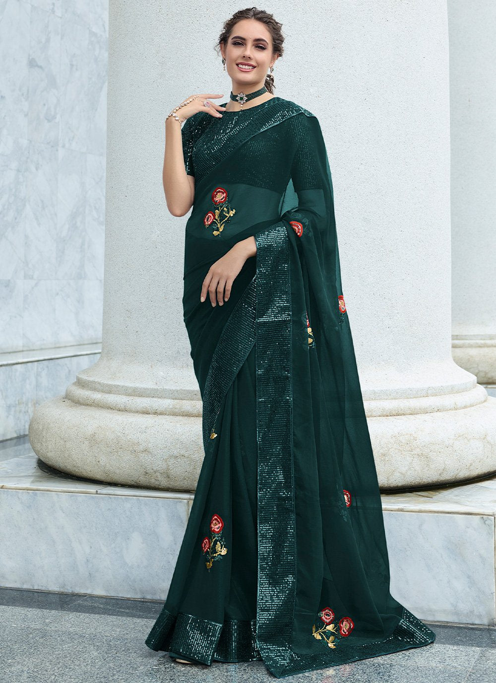 Classic Georgette Teal Embroidered Saree