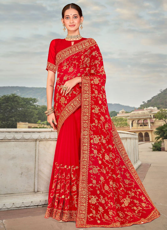 Classic Georgette Red Embroidered Saree