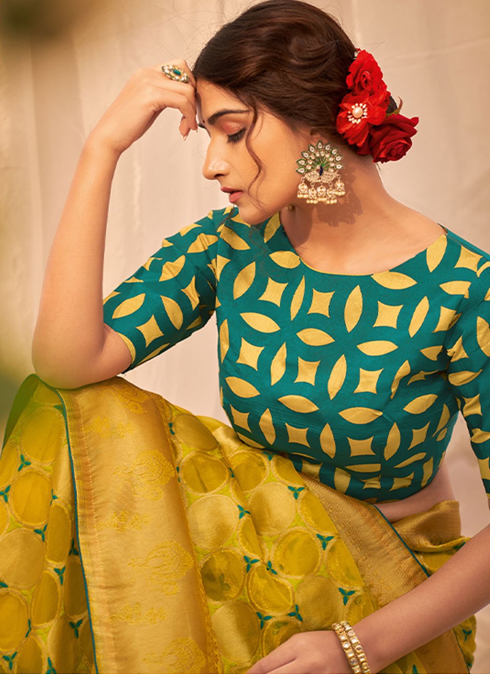 Classic Organza Silk Yellow Print Saree