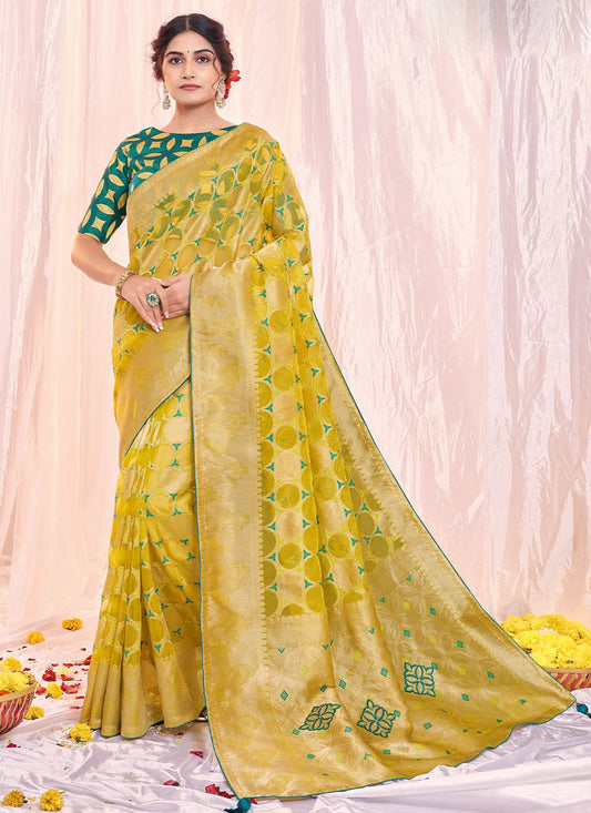 Classic Organza Silk Yellow Print Saree