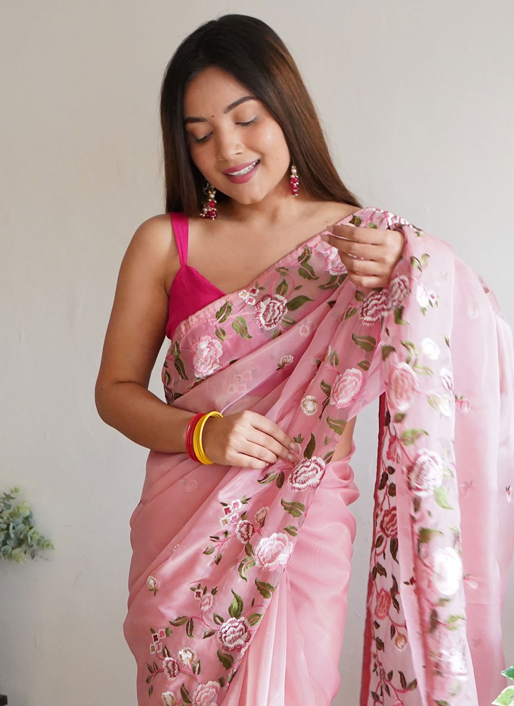 Classic Organza Pink Embroidered Saree