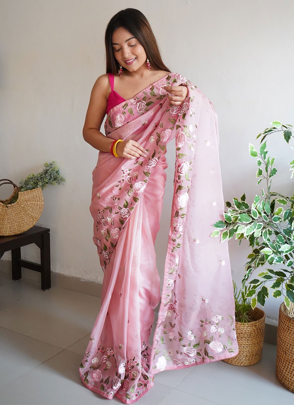 Classic Organza Pink Embroidered Saree