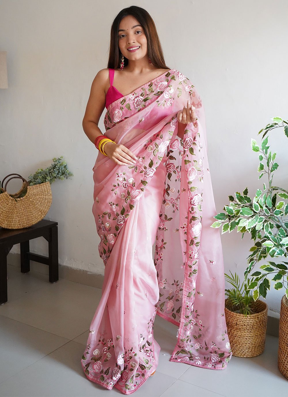 Classic Organza Pink Embroidered Saree