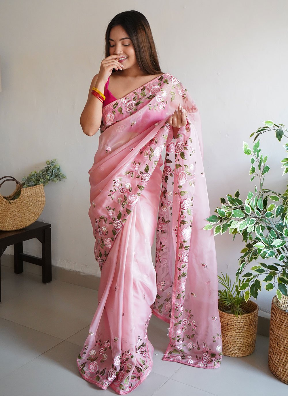 Classic Organza Pink Embroidered Saree