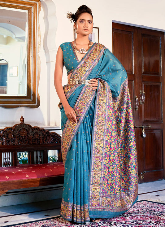 Classic Satin Silk Firozi Weaving Saree