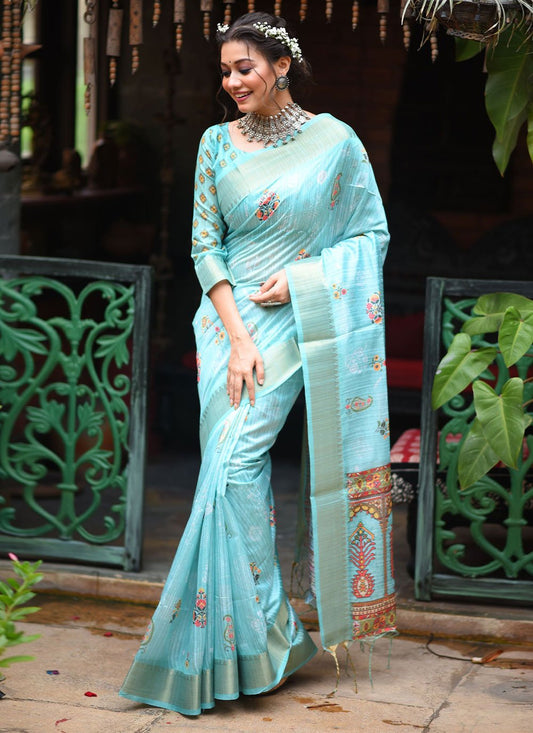 Classic Tussar Silk Aqua Blue Weaving Saree