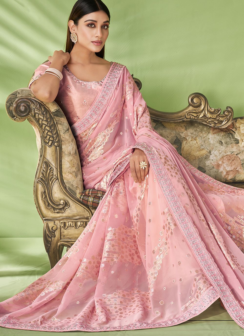 Classic Georgette Jacquard Pink Foil Print Saree