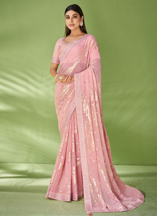 Classic Georgette Jacquard Pink Foil Print Saree