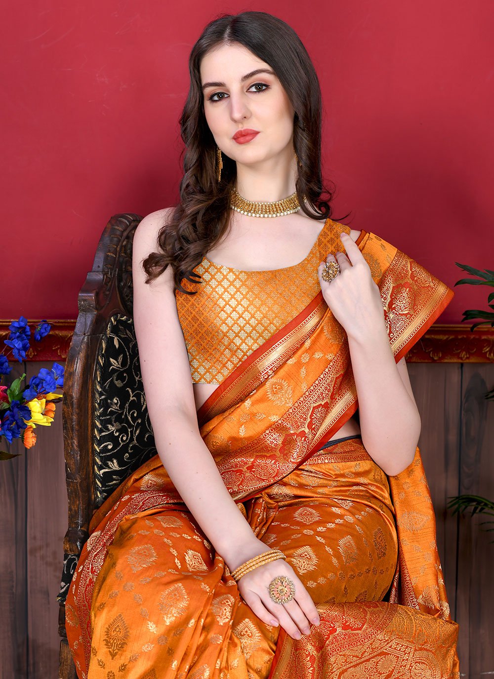 Classic Katan Silk Orange Patch Border Saree