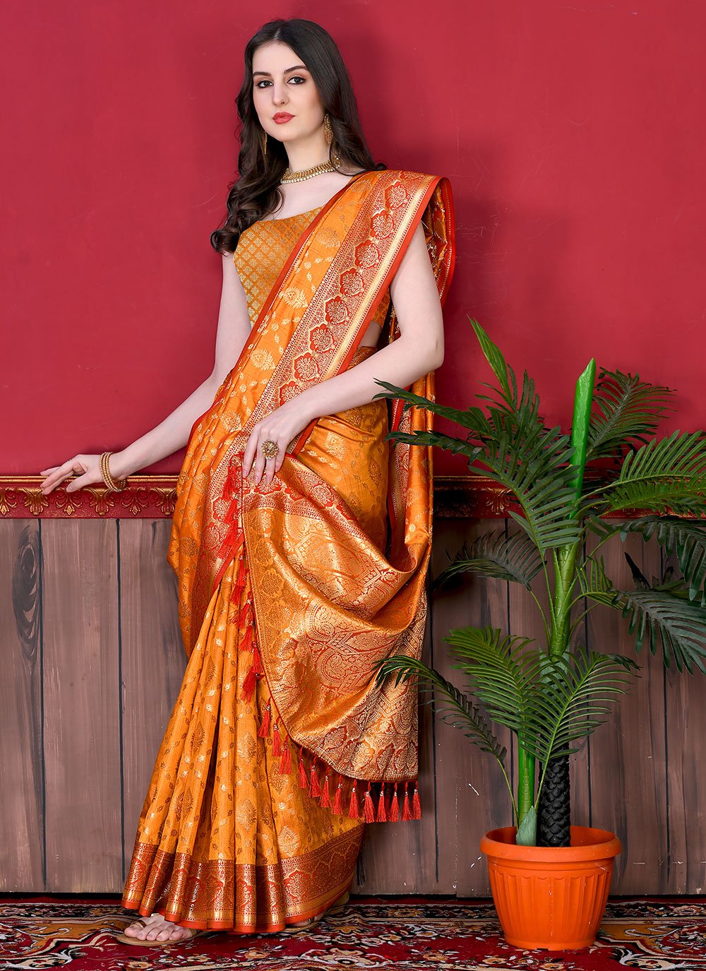 Classic Katan Silk Orange Patch Border Saree