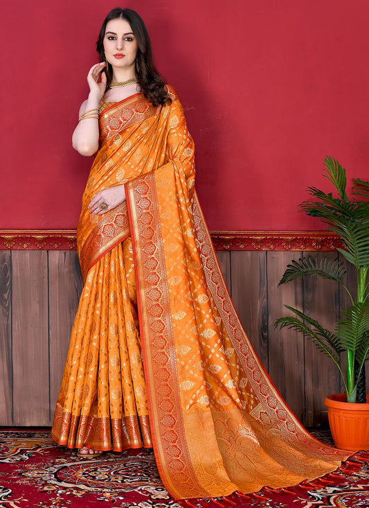 Classic Katan Silk Orange Patch Border Saree