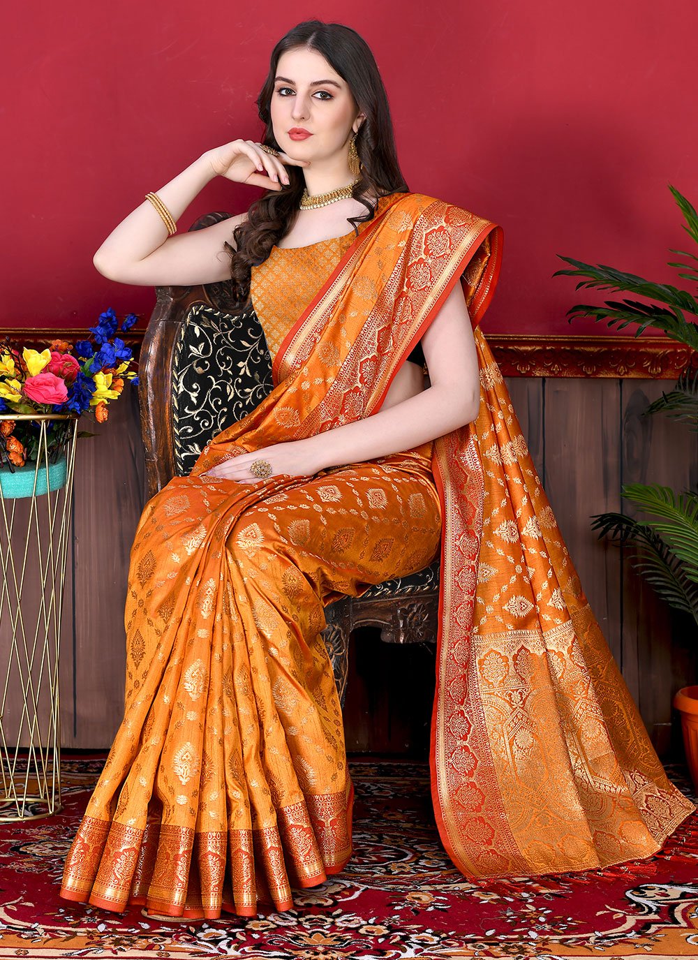 Classic Katan Silk Orange Patch Border Saree