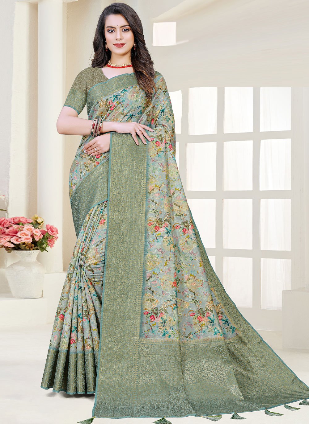 Classic Fancy Fabric Silk Green Digital Print Saree