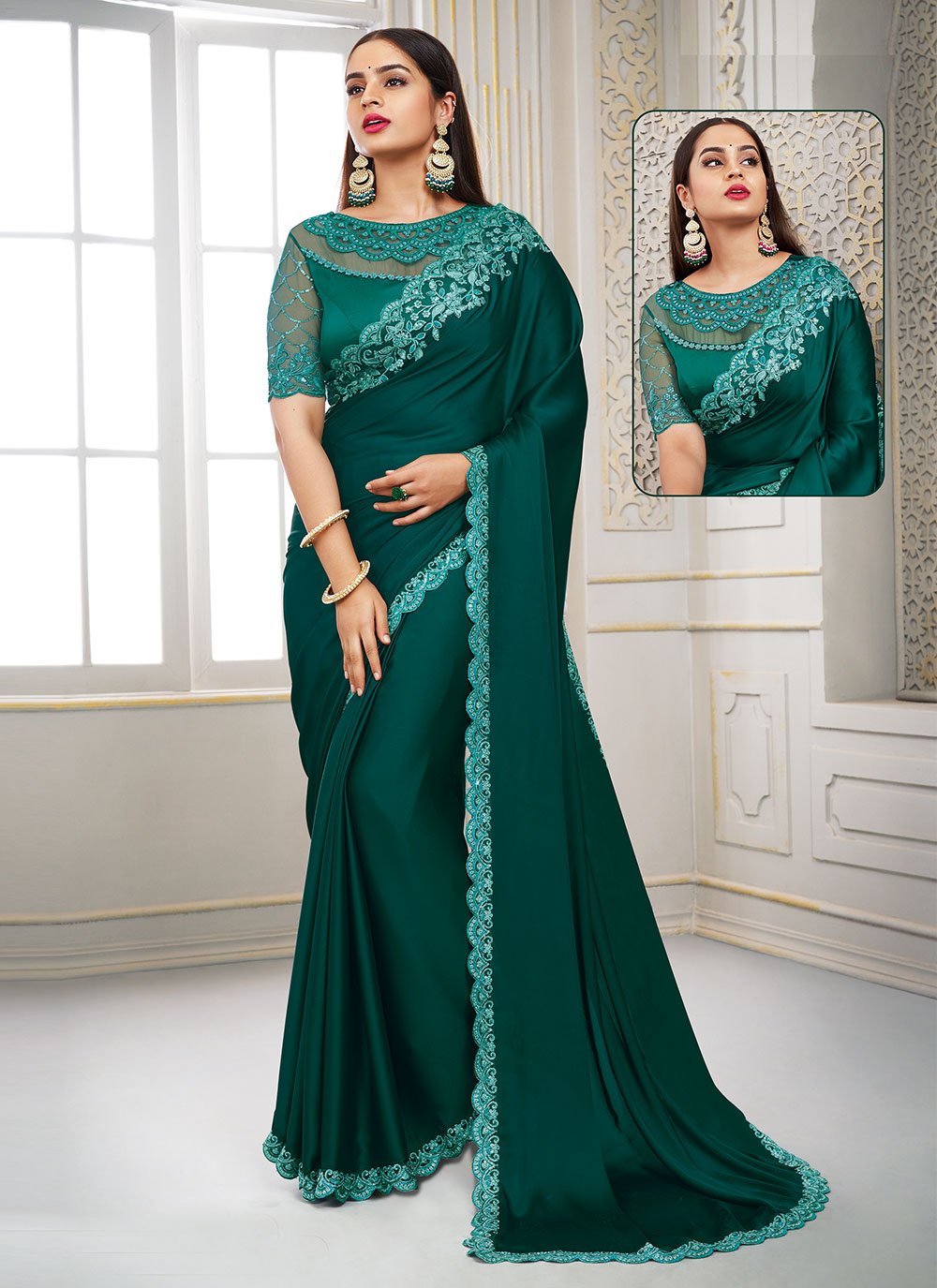 Classic Polyester Teal Embroidered Saree