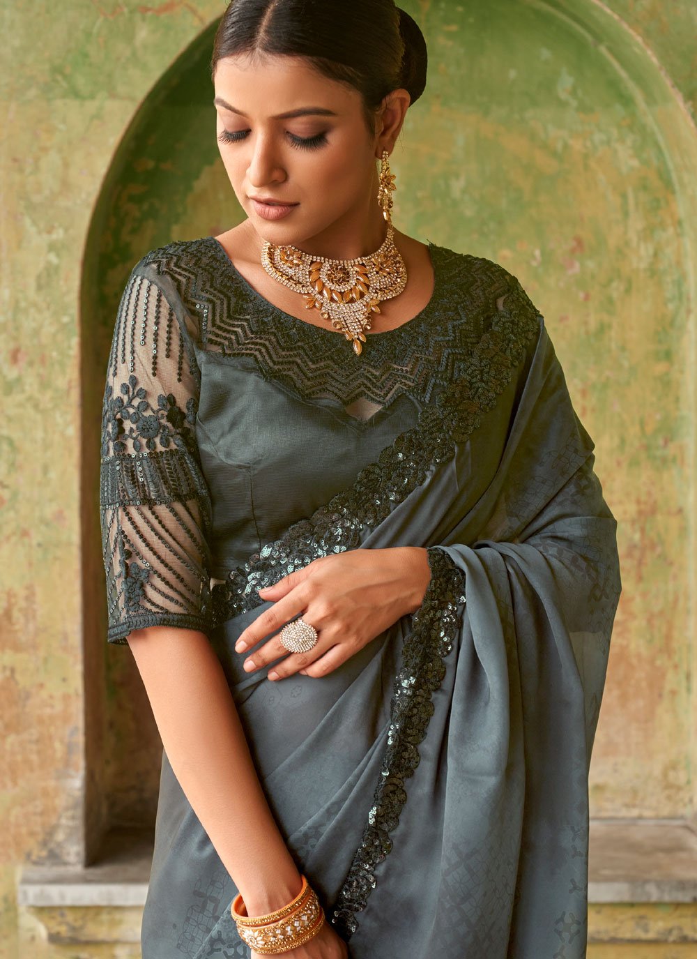 Classic Satin Grey Embroidered Saree