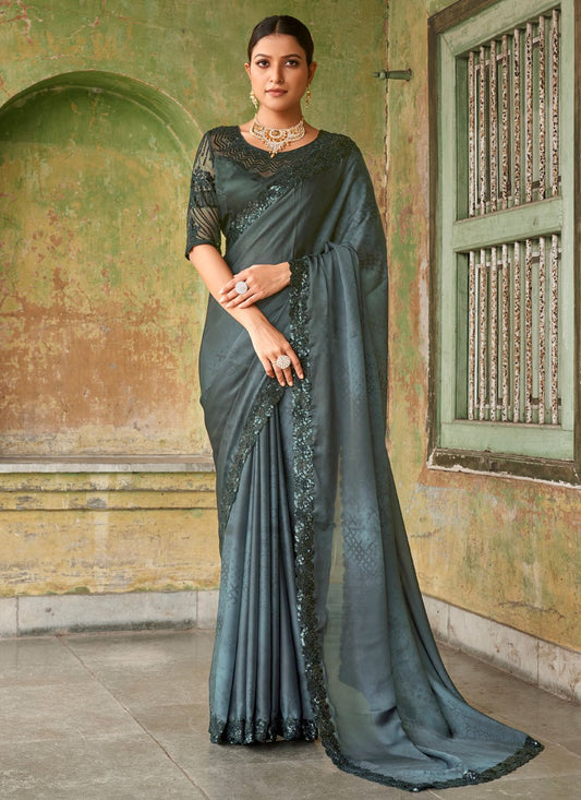 Classic Satin Grey Embroidered Saree