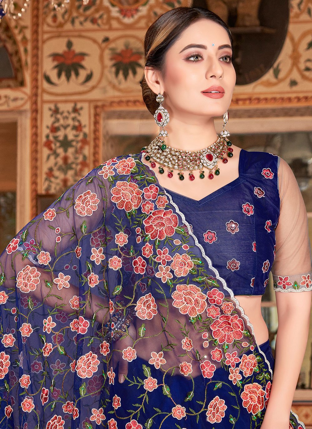 Classic Net Blue Embroidered Saree